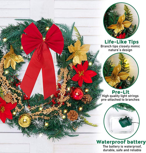 FUNARTY 22 Inches Christmas Wreath with Lights Poinsettia Golden Berries and Bowknot for Front Door Winter Christmas Indoor Outdoor Holiday Decor