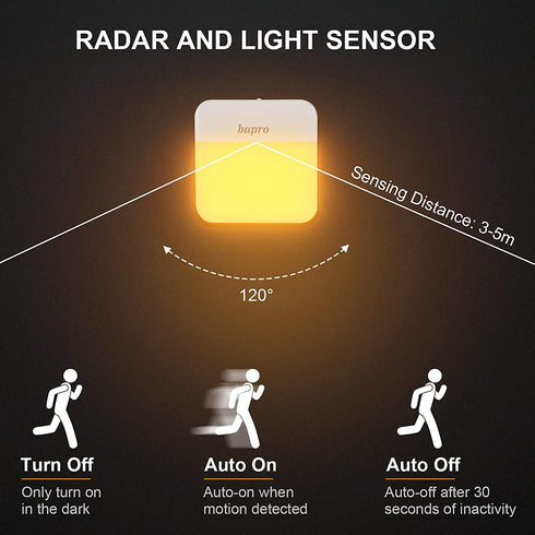 2 Pack LED Night Lights Rechargeable, Dusk to Dawn Sensor, bapro Warm White Stick-On Nightlight Adjustable Brightness for Bedroom, Bathroom, Kitchen, Hallway, Stairs, Kids, Adults, Compact Nightlight