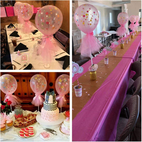 Suppromo Pink Polka Dot Balloons Set Tutu Tulle Balloons With Column Base Kit for Baby Shower Girl Wedding Birthday Party Table Decorations(12 inch Pink Tulle Balloon, 6 Pack)
