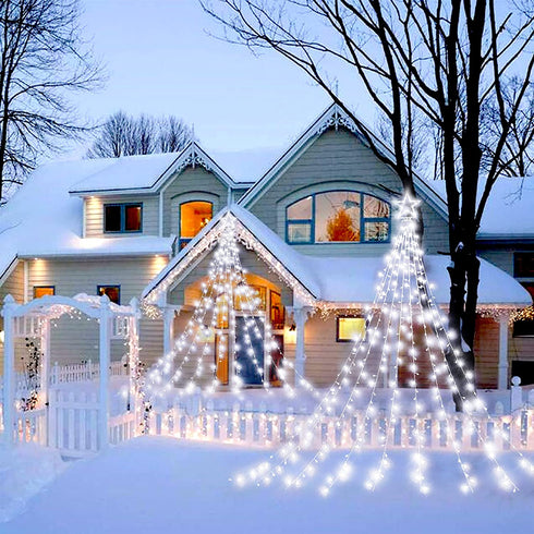 Outdoor Christmas Decorations Star Light,11.8 ft 344 LED Waterfall Tree Lights with Topper Star String Lights Plug in ,8 Lighting Mode Christmas Star Lights for Party Home Holiday Decor(Cool White)