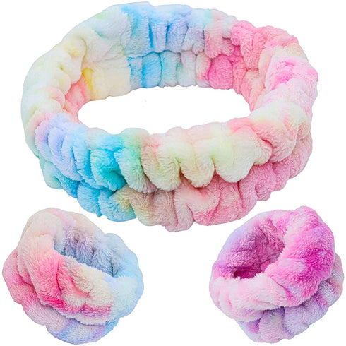 FROG SAC Spa Headband for Washing Face and Matching Wristbands, Teen Girls Fuzzy Skincare Headbands, Kids Soft Facial Makeup Head Band, Shower Skin Care Girl Hair Sleepover Party Supplies (Tie Dye)