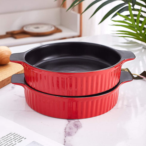 Bruntmor Set Of 2 Modern Ceramic Pie Pan, 8" Tart Pan Round Pie Plate Baking Dish 2" Deep, Elagent Ribbed Design, Red