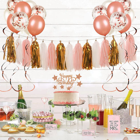 Rose Gold and Pink Birthday Party Decorations Set with Happy Birthday Banner,DIY Cake Topper,Circle Dots Garland,Hanging Swirls,Tissue Paper Pompoms,Paper Tassels Garland,Confetti Balloons for Man Women Birthday Party Decorations