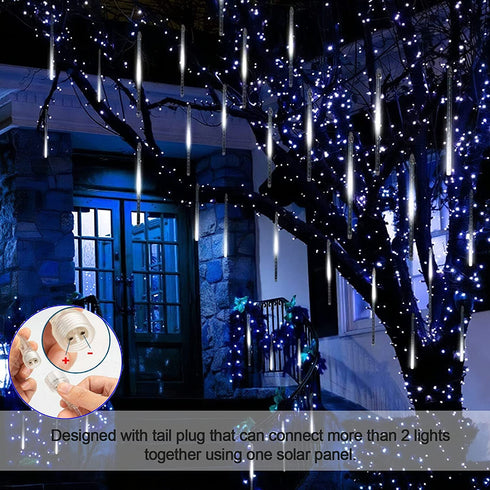 YEGUO Solar Meteor Shower Rain Lights Outdoor, White Meteor Lights 30cm 8 Tubes 144 LED, Falling Raindrop Fairy String Lights for Tree Holiday Porch Yard Patio Roof Party Christmas Decoration