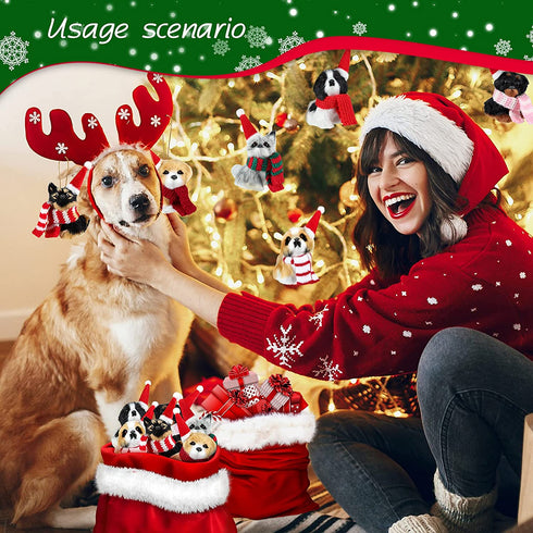 6 Pieces Christmas Dog Ornament with 6 Scarfs Santa Hats Funny Cute Doggy Hanging Decorations Lanyard Artificial Fur Decorative Furry Pet Pendant for Xmas Tree Decor Home Present Party DIY
