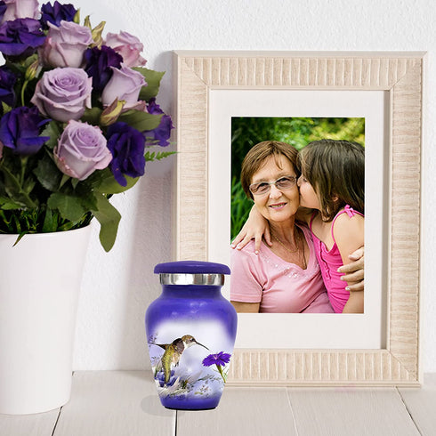 Hummingbird Keepsake Urn Purple - Mini Cremation Urn with Premium Box & Bags - Memorial Urn for Human Ashes - Honor Your Loved One with Small Purple Urn - Perfect Bird Urn for Adults & Infants