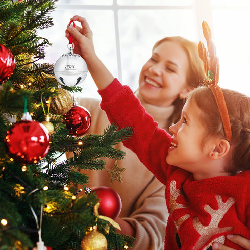 Klikel Sleigh Bell 2021 Ornament - Silver Christmas Ornament 2021 - Bell Ornament for Christmas Tree - with Red Ribbon and Gift Box - Shiny Christmas Bell Ornament Engraved 2021-7th Annual Edition