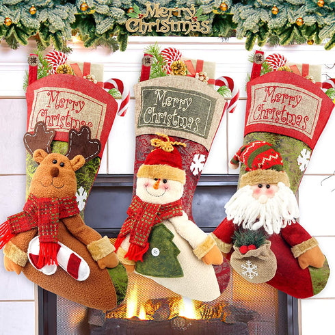 COOLWUFAN Christmas Stockings, 3 Pack 19" Personalized Xmas Stockings with 3D Snowflake Santa, Snowman, Reindeer for Family Holiday Christmas Party Decorations