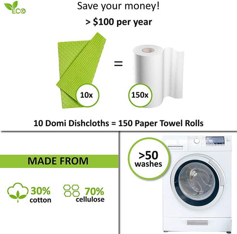 DOMI Super Absorbent Sponge Cloth Eco-Friendly Dishcloth for Kitchen 20x More Absorption 10Pcs Household Cleaning Cloths Reusable Cellulose Sponge Rags (Green)