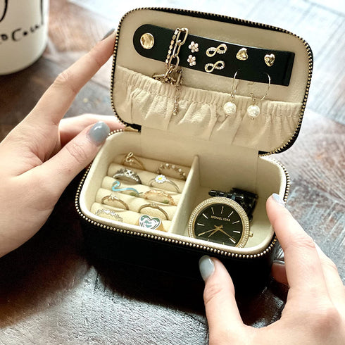 Travel Jewelry Case | Small Jewelry Travel Organizer | Cute Travel Jewelry Box | Travel Ring Case with Storage for Earrings, Necklaces, Watch - Practical Travel Gift by COSMIYA - Black