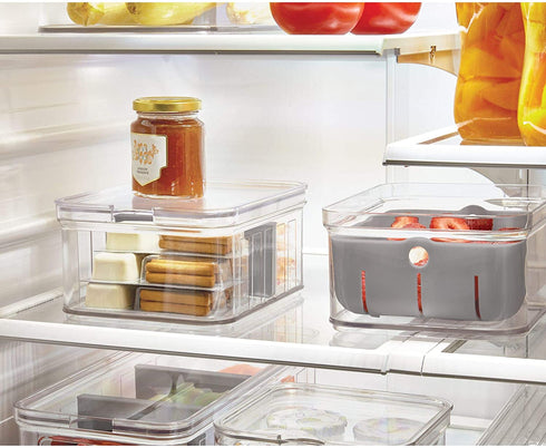 iDesign Crisp Plastic Refrigerator and Pantry Divided Bin, Modular Stacking Food Storage Box for Freezer, Fridge, Office, Cabinet, Bathroom, BPA Free, 8.32" x 6.32" x 3.76", Clear and Gray