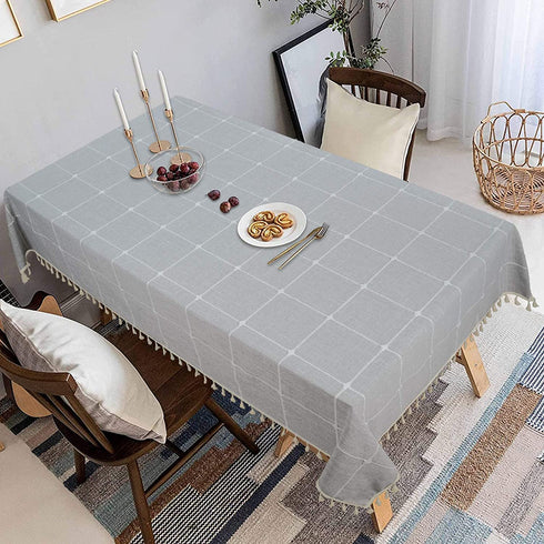 Cotton Linen Tablecloth, Lattice Embroidery Table Cloth, Farmhouse Checkered Fringed Tassel Tablecloths, Wrinkle Free Table Cover for Kitchen Dinning Picnic Party, Grey, Rectangle 54 x 120 inch