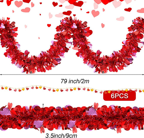 MTLEE 39.4 Feet 6 Pieces Heart Tinsel Garland Valentine's Day Metallic Red Tinsel Twist Garland Hanging Garland Decoration for Valentine's Day Indoor and Outdoor Decorations (Nice Style)