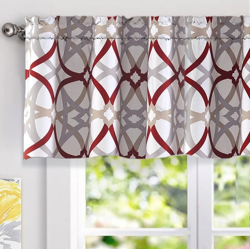 DriftAway Alexander Spiral Geo Trellis Pattern Window Curtain Valance Rod Pocket 52 Inch by 18 Inch Plus 2 Inch Header Red and Gray 1 Pack