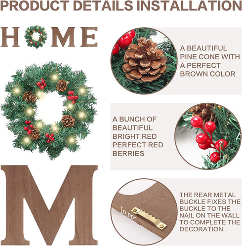 SY Super Bang Prelit Christmas Home Sign Decorations, Rustic Wall Sign Letter with Artificial Christmas Wreath, for Farmhouse Porch Home Office Holiday Decor - Indoor, Wooden.