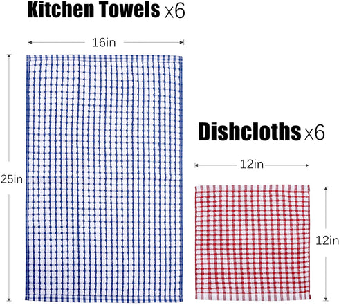 AOTBAT Kitchen Towels and Dishcloths Set, 16 x 25 and 12 x 12, Set of 12 Bulk Cotton Kitchen Towels Set, Dish Towels for Washing Dishes Dish Rags for Everyday Cooking and Baking