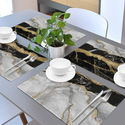 Linen Placemats Set of 4,Placemats for Dining Table,Black Gold White Marble,Washable Heat Resistant Non-Slip Woven Placemats for Home Kitchen Restaurant Decoration