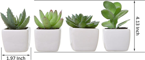 MyGift Mini Assorted Artificial Succulent Fake Indoor House Plants in Square White Ceramic Pots, Set of 4