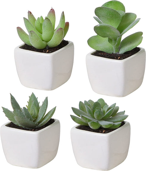 MyGift Mini Assorted Artificial Succulent Fake Indoor House Plants in Square White Ceramic Pots, Set of 4