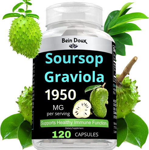 1950mg Soursop Graviola Capsules (Guanábana) Organic Leaves Powder Rich in Powerful Anti-Oxidants - 120 Capsules 40 Servings