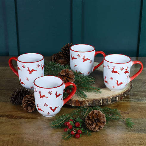 Euro Ceramica Winterfest Collection 4 Piece Mug Set | Festive Ceramic Stoneware Holiday Mugs | 4 Christmas-Themed Cups | Hand-Stamped Holiday Design, Red & White Christmas Patterns,Large,WFT-1001-4-DS