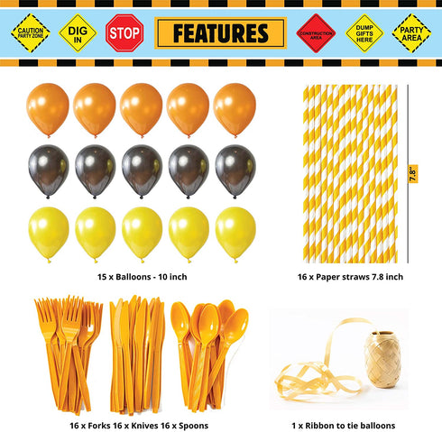 Whoobli Construction Birthday Party Supplies (Serves 16), All in One Truck Construction Party Supplies- Plate, Cups, Spoons, Fork, Napkins. Construction Birthday Decorations for Boys