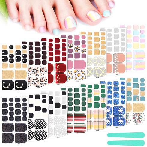 308 Pieces 14 Sheets Toenail Polish Stickers Adhesive Toe Nail Wraps Full Toe Nail Wraps Toenail Polish Strips DIY Glitter Toe Nails Manicure Decal with 2 Pieces Nail Files for Girls (Retro Style)