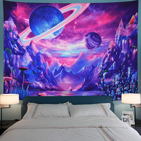 Serborlur Planet Tapestry Trippy Mountain Tapestry Psychedelic Galaxy Space Tapestry Fantasy Mushroom Tapestry Magic River Landscape Tapestry Wall Hanging for Bedroom