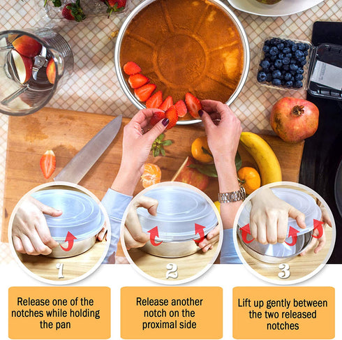 8-inch Cake Pan with Lid Set (3 Pans + 3 Lids), P&P CHEF Stainless Steel Round Baking Pan for Picnic Wedding Birthday, Leakproof Pan & Raised Plastic Lid, Healthy & Non-toxic, Dishwasher Safe