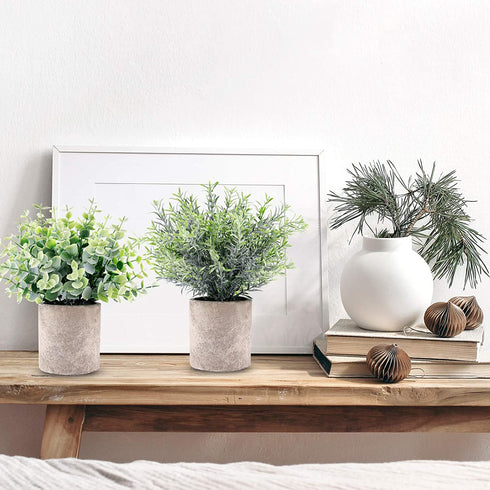 CEWOR 4 Packs Artificial Mini Potted Plants Fake Grey Greenery Eucalyptus Rosemary Boxwood Plastic Centerpiece for Bathroom Shelf Home Office Desk Table Indoor Decor