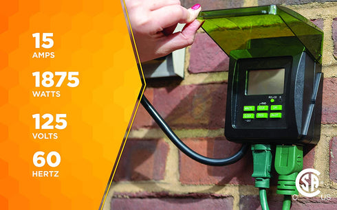 Woods 50015WD Outdoor 7-Day Heavy Duty Digital Plug-in Timer, 2 Grounded Outlets, Weatherproof, Perfect for Automating Holiday/Christmas Lights, 3/4 Horse Power, Energy Saving Precision Programming, Black & Green