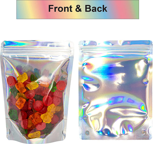 100 Pcs Holographic Resealable Mylar Bags - 5x7 Inch Smell Proof - Ziplock and Heat Sealable Stand Up Pouches - Use for Party Favors - Lip Gloss Packaging - Small Business Sample - WaldOaks