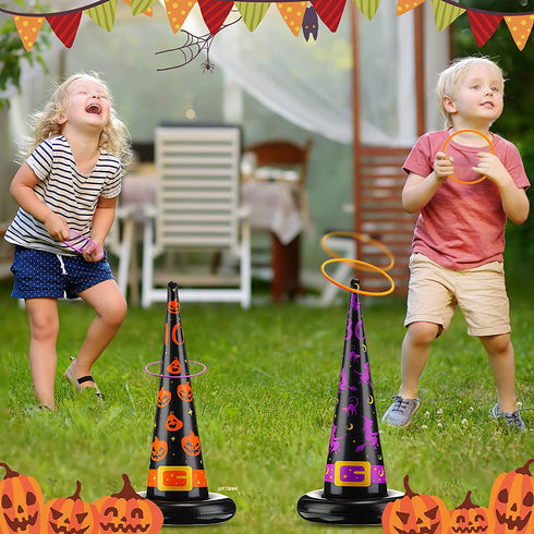 13 Pieces Halloween Egg and Spoon Race Game Set Legged Relay Race Bands Inflatable Witch Hat Ring Toss Game for Kids and Adults Halloween Party Games Outdoor Fun Games Party Lawn Carnival Games