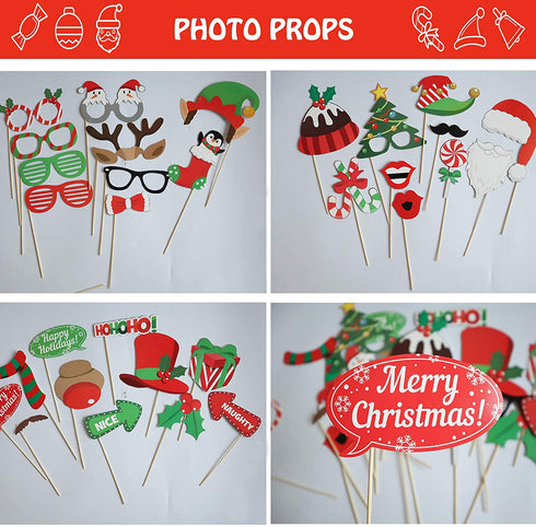 Christmas Photo Booth Props Kit, 32PCS Photo Props with Large Photo Booth Frame (20x28?), DIY Christmas Picture Props Selfie Accessories, Perfect for Xmas Holiday Party Decoration
