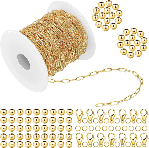 30 Feet Paperclip Link Chain Gold Chain Oval Link Chain and 400 Pieces 6 mm Gold Round Bead with 20 Pieces Lobster Clasps, 200 Pieces Jump Rings for DIY Necklace Bracelet Choker Jewelry Making