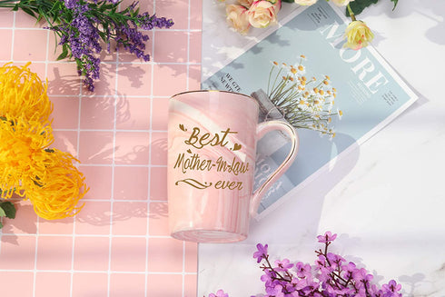 Mother In Law Coffee Mugs Best Mother In Law Coffee Mug Best Mother In Law Gifts Birthday Mothers Day Best Mother In Law Gifts from Daughter Son In Law 14 Ounce Pink with Gift Box Spoon Coaster