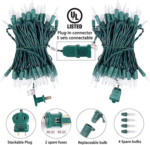 Clear Christmas String Lights 100 Count 26.5 Feet Incandescent Bulb Mini Lights for Indoor Xmas Tree Garland Birthday Wedding Party Festival Decoration, 2 Pack Green Wire
