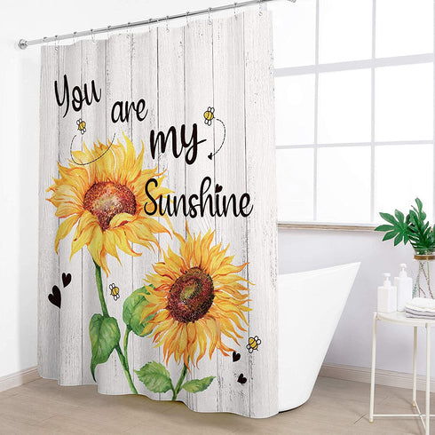 KOMLLEX Rustic Sunflower Shower Curtain 60Wx72H Inches Wooden Board Farmhouse You are My Sunshine Floral Spring Blooming Countryside Fabric Waterproof Polyester 12 Pack Plastic Hooks
