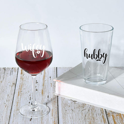 Wifey & Hubby Wine Glass and Beer Glass Set, Novelty Gift for Her Him Husband Wife Newlywed Couple, Perfect Glass Set for Bridal Shower Birthday Valentine™s Day Wedding Engagement Anniversary