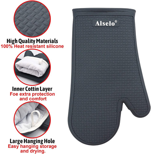 Alselo Oven Mitts Heat Resistant Silicone Kitchen Gloves for 550 Degrees with Waterproof and Non-Silp, Set of 2 Oven Gloves for Baking Cooking Barbecue Microwave Machine Washable (Grey, 2)