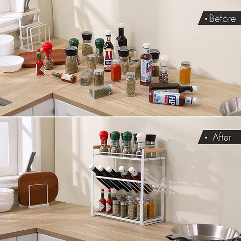 KES 3 Tier Spice Rack Organizer for Countertop, Spice Organizer for Kitchen, Seasoning Jars Condiment Sauce Organizer, Iron and Wood White, KSR512-WH