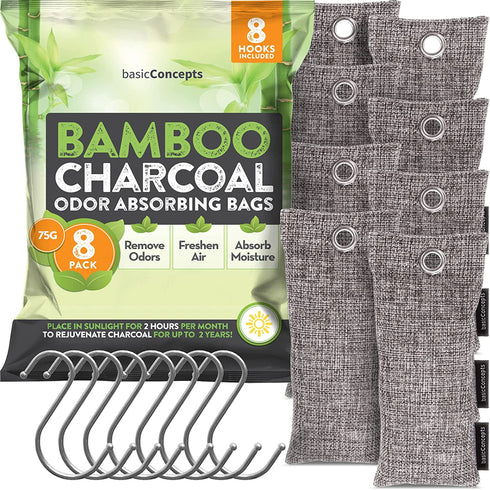 Nature Fresh Bamboo Charcoal Air Purifying Bags (8 Pack), Charcoal Bags Odor Absorber for Home and Car (Pet Friendly) - Charcoal Air Purifying Bags (8 x 75g)