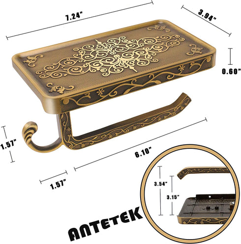 Antetek Toilet Paper Holder with Phone Shelf, Anti-Rust Aluminum Toilet Paper Roll Holder, Antique Carving Wall-Mounted Toilet Tissue Holder with Storage Shelf for Bathroom Washroom Hotel