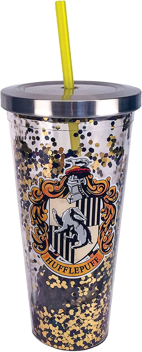Spoontiques - Harry Potter Tumbler - Hufflepuff Glitter Cup with Straw - 20 oz - Acrylic - Yellow