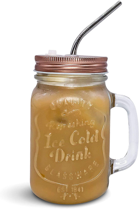 Home Suave - Mason Jar Mugs with Handle, Regular Mouth Colorful Lids with 2 Reusable Stainless Steel Straw, Set of 2 (Rose Gold), Kitchen GLASS 16 oz Jars,"Refreshing Ice Cold Drink" & Dishwasher Safe