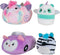 Squishville by Squishmallows Felicia in Carriage & Zeke in Car, Two 2” Soft Mini-Squishmallow Pandacorn and Zebra Plush, Plush Carriage and Car Vehicles, Irresistibly Soft Colorful Plush