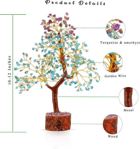 Turquoise, Amethyst Crystal - Feng Shui Decor - Amethyst Tree Decor - Natural Raw Purple Amethyst, Gemstone Tree, Office Decor, Crystal Gifts, Positive Energy Stones, Crystal Tree
