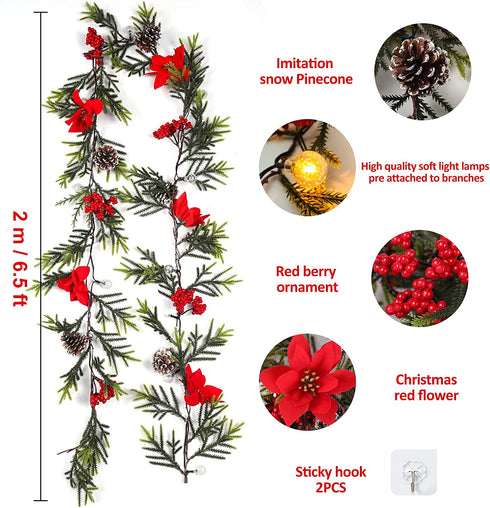 RECUTMS Christmas Garland with Lights Pine Cone Garland Lights Xmas LED Garland for Home Fireplace Mantel Holiday Party Decorations ?Red Flower?