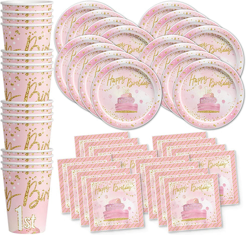Pink and Gold 1st Birthday Party Supplies Set Plates Napkins Cups Tableware Kit for 16