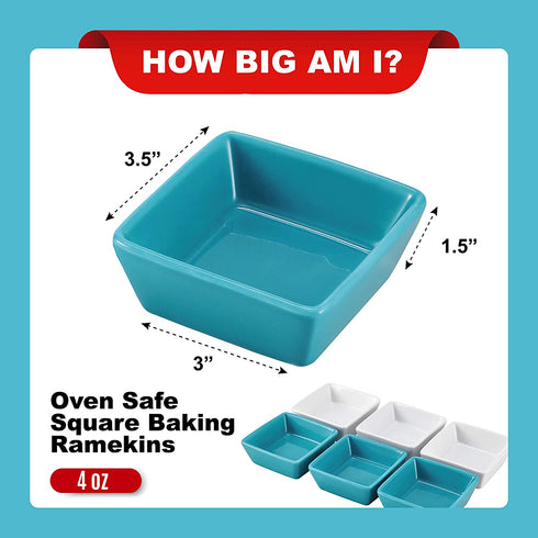 Bruntmor Porcelain Square Baking Ramekins for Souffle, Creme Brulee, Jams, Dipping Sauces, French Onion Soup Oven Safe, Appetizer Sauce Dipping Bowls, (4 Oz, Set of 6), White, Teal